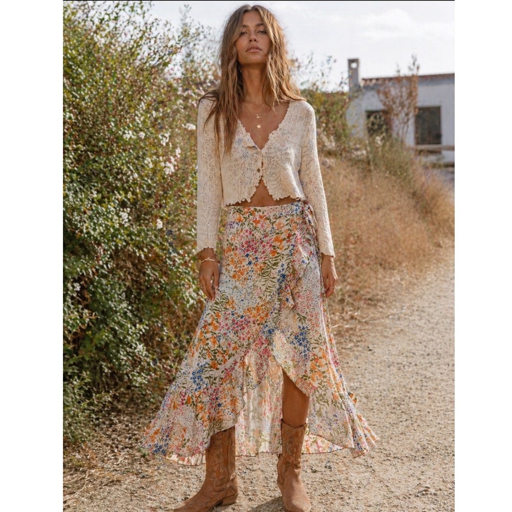 Allison Floral Wrap Skirt Multi Wildflower Ruffle High Low Midi New Cottagecore